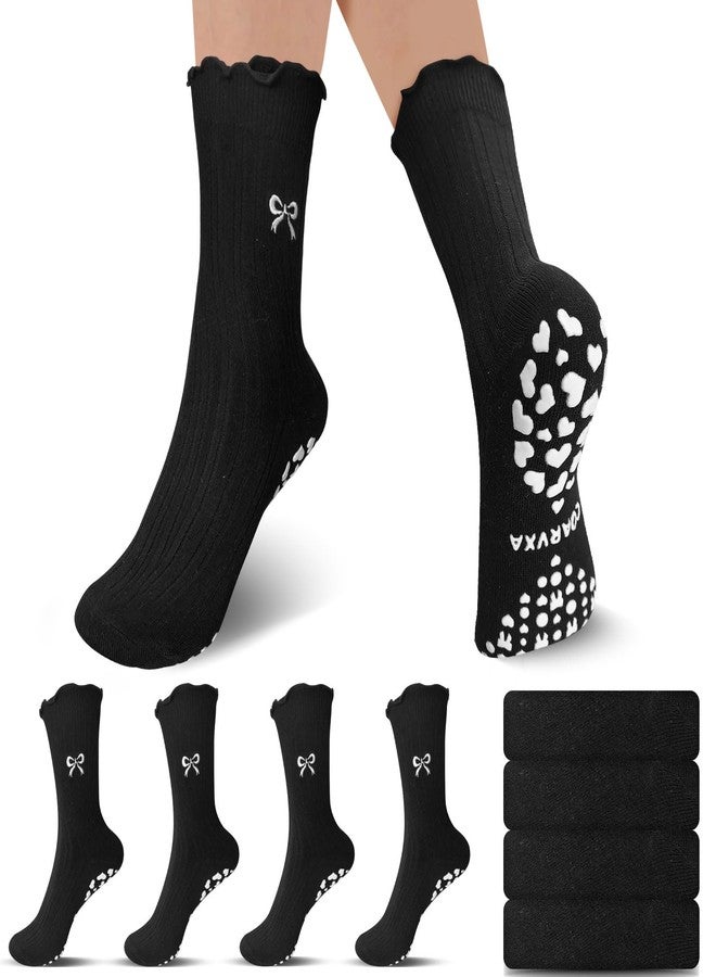 COARVXA 4 Pairs Cute Pilates Grip Socks for Women Ruffle Frilly Bow Embroidery Non Slip Grip Socks for Yoga, Barre, Barefoot - Image 1